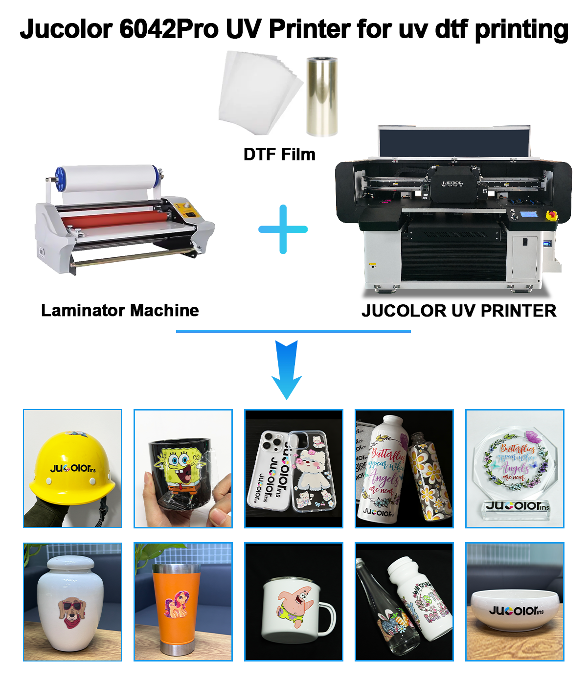 UV crystal DTF printing
    This Jucolor 9060Pro A1 uv printer supports UV DTF printing 
  Print directly on the uv dtf film, then use laminating machine to laminate after printing, then cut and stick to the medias
   The working principle of uv dtf printing is to print the picture on the glue, and stick it to the material you want to print. It is flexible and convenient, suitable for label printing of consumables, but also has disadvantages such as non-waterproof, poor adhesion, and non-ultraviolet protection