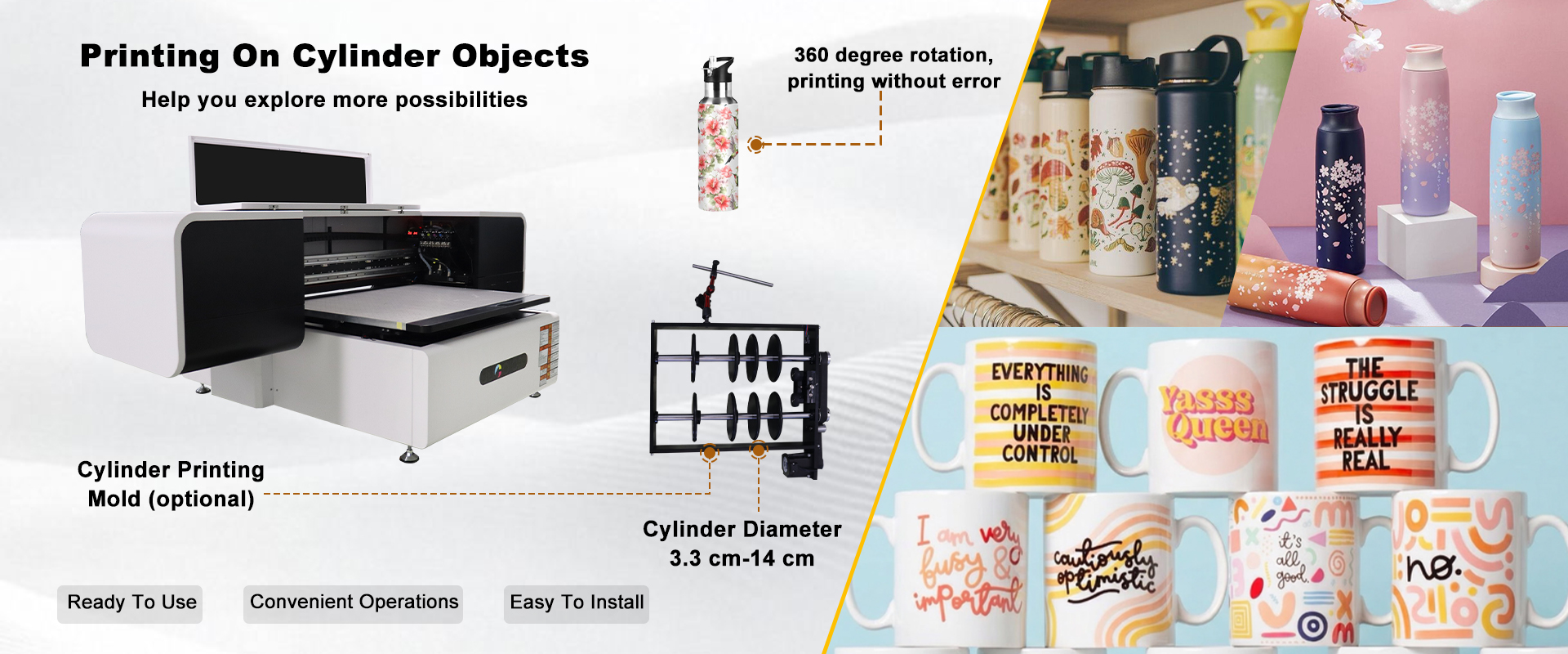 UV flatbed printer, both flatbed and rotary.